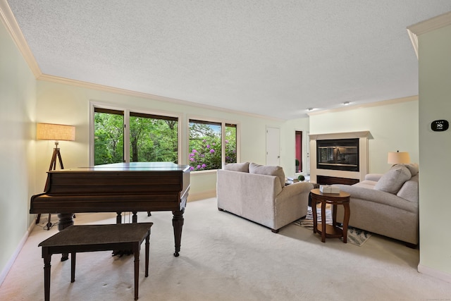 114 Mountain View Rd, Glastonbury, CT 06033 - living area featuring crown molding, baseboards, light colored carpet, a textured ceiling, and a glass covered fireplace