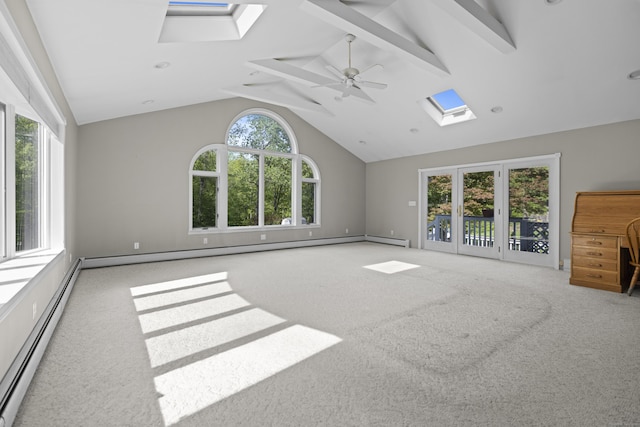 10 Rockwood Ln, Danbury, CT 06811 - unfurnished living room with a skylight, baseboard heating, carpet flooring, healthy amount of natural light, and high vaulted ceiling