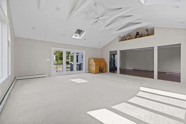 10 Rockwood Ln, Danbury, CT 06811 - unfurnished living room featuring a skylight, a baseboard radiator, high vaulted ceiling, carpet, and beam ceiling