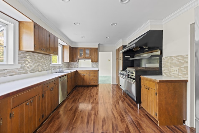 10 Rockwood Ln, Danbury, CT 06811 - kitchen featuring dishwasher, brown cabinets, decorative backsplash, dark wood-type flooring, and light countertops