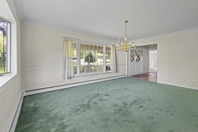 10 Rockwood Ln, Danbury, CT 06811 - unfurnished dining area featuring a chandelier, a baseboard radiator, ornamental molding, and healthy amount of natural light