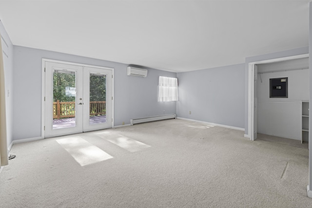 10 Rockwood Ln, Danbury, CT 06811 - unfurnished living room featuring a baseboard heating unit, a wall mounted AC, french doors, and carpet