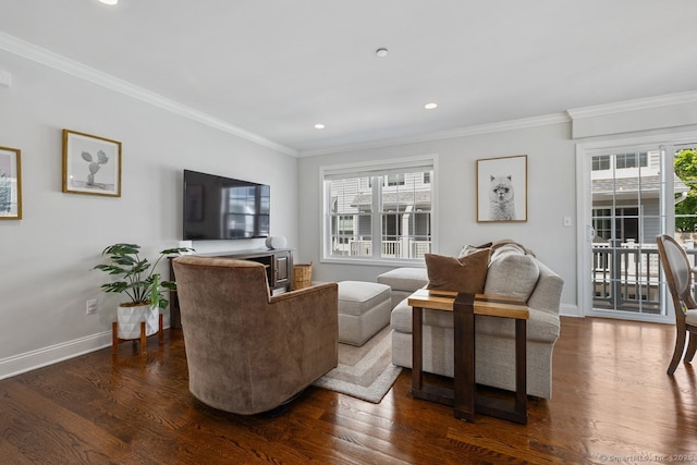 20 3rd St Unit 4, Stamford, CT 06905 - living area featuring dark wood-type flooring, ornamental molding, recessed lighting, and baseboards