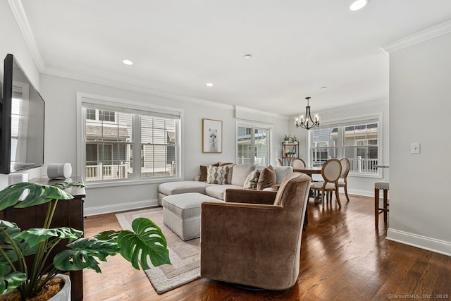 20 3rd St Unit 4, Stamford, CT 06905 - living room featuring a chandelier, baseboards, crown molding, wood finished floors, and recessed lighting