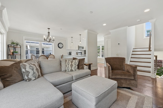 20 3rd St Unit 4, Stamford, CT 06905 - living area featuring a chandelier, wood finished floors, ornamental molding, stairs, and recessed lighting
