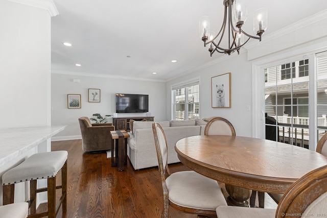 20 3rd St Unit 4, Stamford, CT 06905 - dining space featuring a chandelier, dark wood-style flooring, crown molding, recessed lighting, and baseboards