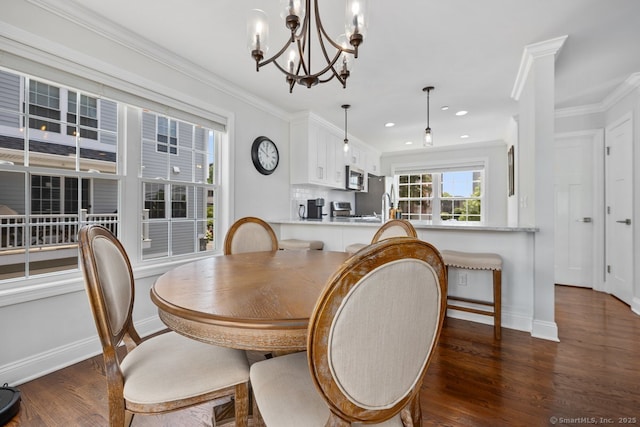 20 3rd St Unit 4, Stamford, CT 06905 - dining room featuring baseboards, dark wood-style flooring, a chandelier, ornamental molding, and recessed lighting