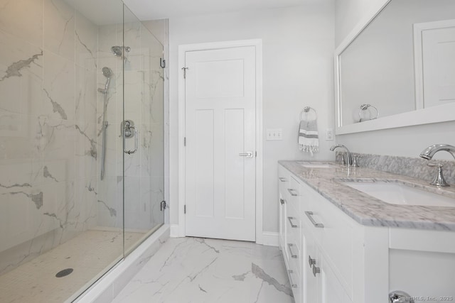20 3rd St Unit 4, Stamford, CT 06905 - full bath featuring marble look tiles, a marble finish shower, double vanity, and baseboards