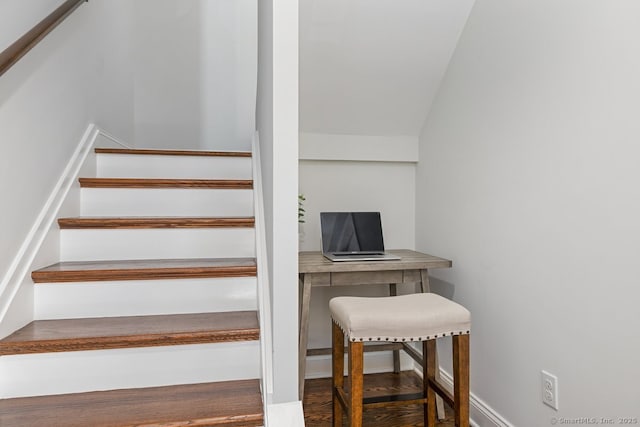 20 3rd St Unit 4, Stamford, CT 06905 - stairs with vaulted ceiling, wood finished floors, and baseboards