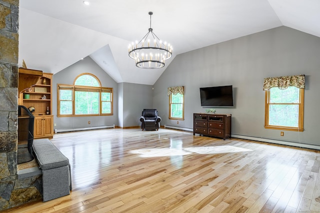 unfurnished living room with vaulted ceiling, a baseboard radiator, baseboard heating, wood finished floors, and plenty of natural light