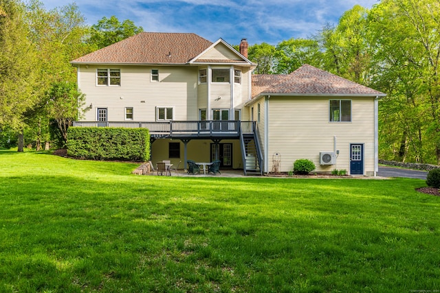 43 Roaring Brook Ln, Shelton, CT 06484 - back of house with a wooden deck, a chimney, a yard, a patio area, and a cooling unit