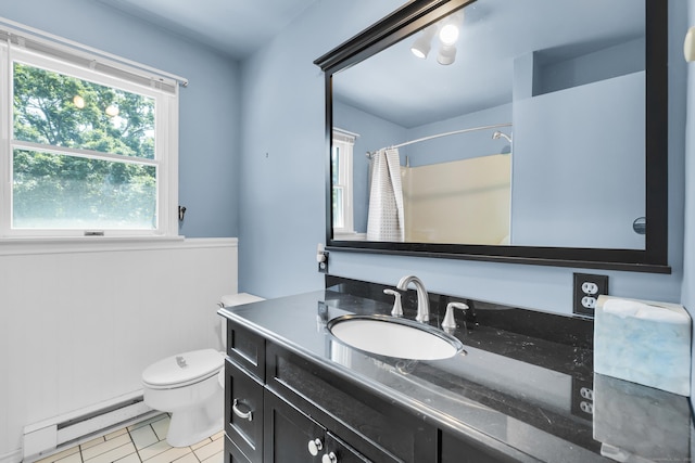 10 Harvard Ter, Norwich, CT 06360 - bathroom with a baseboard radiator, vanity, tile patterned flooring, and curtained shower