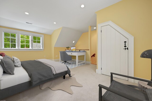 70 Sill Ln, Old Lyme, CT 06371 - carpeted bedroom featuring recessed lighting, vaulted ceiling, and baseboards