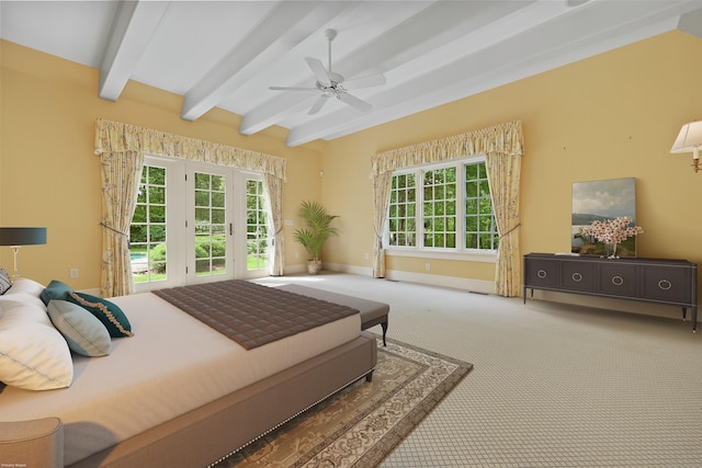 70 Sill Ln, Old Lyme, CT 06371 - bedroom featuring access to outside, beamed ceiling, carpet, baseboards, and a ceiling fan