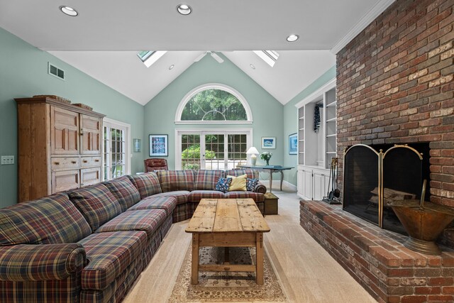 262 Fairview Rd, Westbrook, CT 06498 - living area featuring a skylight, recessed lighting, light carpet, a fireplace, and baseboards