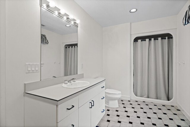262 Fairview Rd, Westbrook, CT 06498 - bathroom with tile patterned floors, vanity, toilet, curtained shower, and recessed lighting