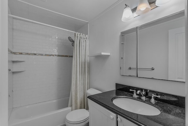 bathroom featuring toilet, vanity, and shower / bathtub combination with curtain