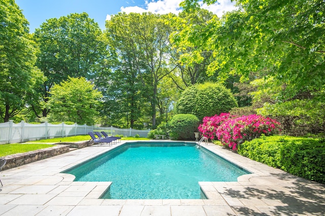 379 Hurlbutt St, Wilton, CT 06897 - view of swimming pool with a fenced backyard, a patio area, and view of wooded area