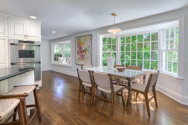 379 Hurlbutt St, Wilton, CT 06897 - dining space featuring baseboards, dark wood-type flooring, and recessed lighting