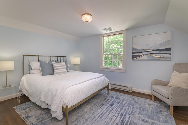 379 Hurlbutt St, Wilton, CT 06897 - bedroom with a baseboard heating unit, wood finished floors, baseboards, and vaulted ceiling