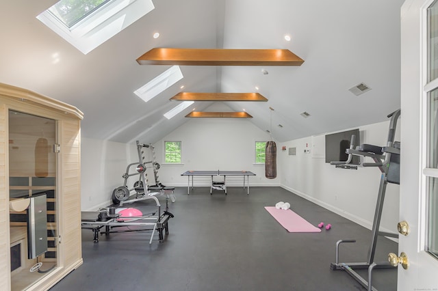 379 Hurlbutt St, Wilton, CT 06897 - workout room with a skylight, baseboards, and vaulted ceiling