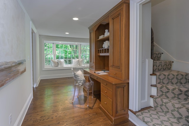 379 Hurlbutt St, Wilton, CT 06897 - office space with dark wood-style flooring, baseboards, recessed lighting, and built in desk