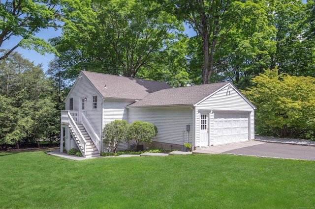 379 Hurlbutt St, Wilton, CT 06897 - view of front of property featuring stairway, roof with shingles, a front yard, and view of scattered trees