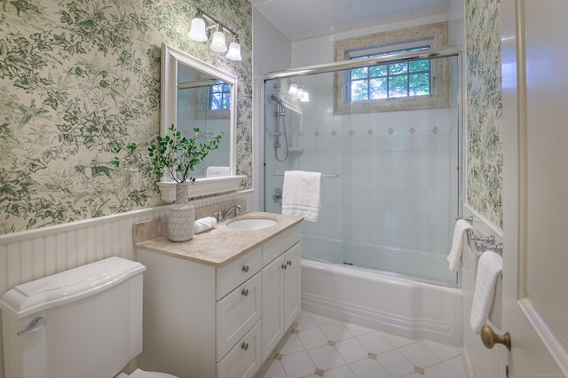 379 Hurlbutt St, Wilton, CT 06897 - bathroom with vanity, wallpapered walls, combined bath / shower with glass door, and tile patterned floors