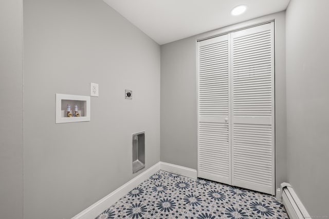 20 Rosengarten Dr, Waterbury, CT 06704 - laundry area featuring baseboard heating, hookup for an electric dryer, baseboards, hookup for a washing machine, and light flooring