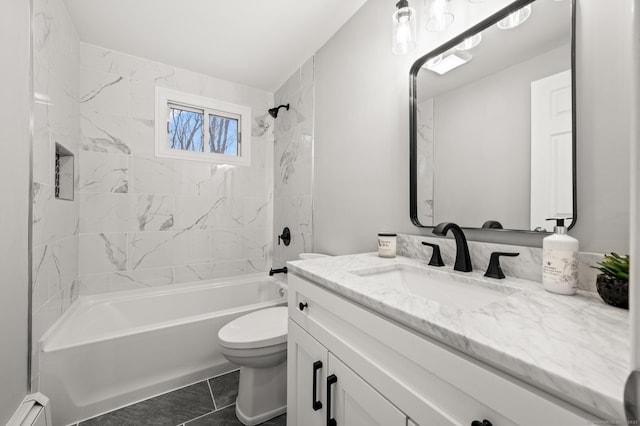 20 Rosengarten Dr, Waterbury, CT 06704 - bathroom with toilet, shower / bath combination, vanity, and a baseboard heating unit