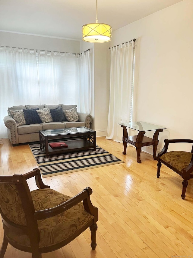 living room with hardwood / wood-style flooring and baseboards