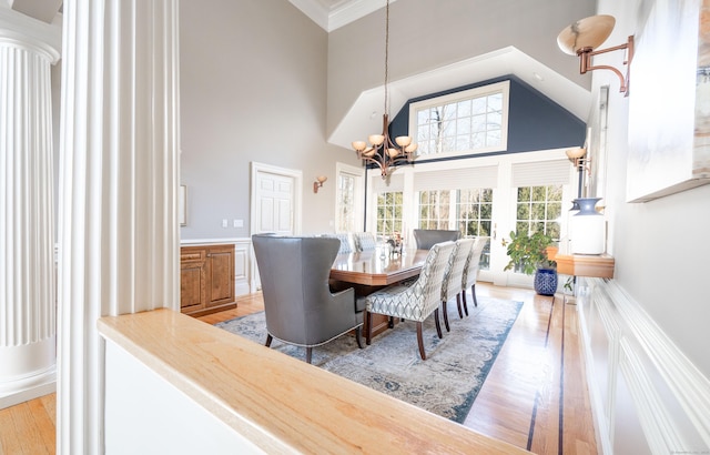 14 Dillman Ct, Ridgefield, CT 06877 - dining area featuring a high ceiling, a chandelier, light wood finished floors, a wainscoted wall, and crown molding