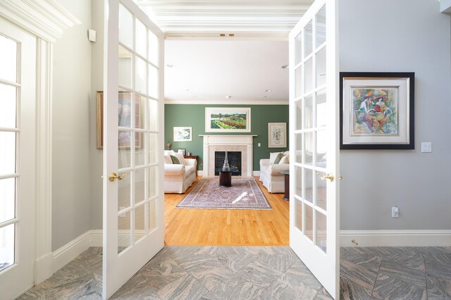 14 Dillman Ct, Ridgefield, CT 06877 - living room with french doors, crown molding, a fireplace, baseboards, and wood finished floors