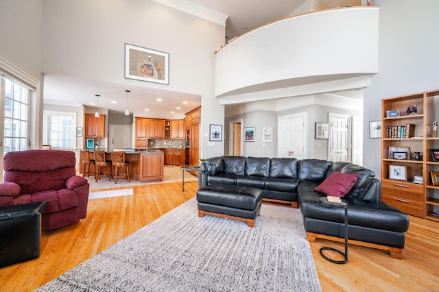 14 Dillman Ct, Ridgefield, CT 06877 - living area featuring light wood-style flooring, ornamental molding, a high ceiling, and recessed lighting