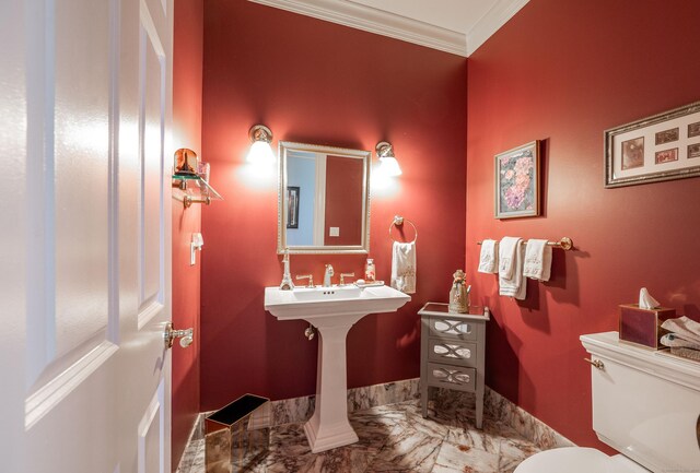 14 Dillman Ct, Ridgefield, CT 06877 - half bathroom with toilet, marble finish floors, and ornamental molding