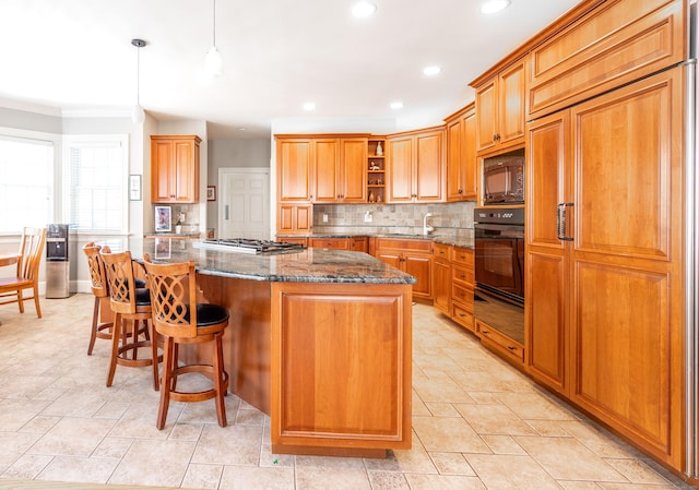 14 Dillman Ct, Ridgefield, CT 06877 - kitchen featuring black appliances, open shelves, a kitchen island, ornamental molding, and a warming drawer