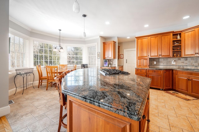 14 Dillman Ct, Ridgefield, CT 06877 - kitchen featuring baseboards, ornamental molding, brown cabinetry, open shelves, and backsplash