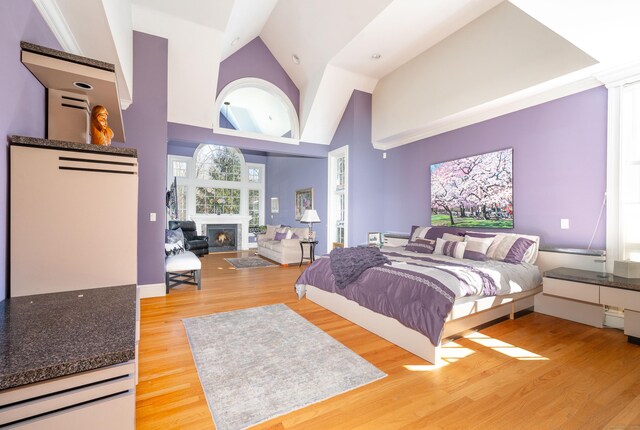 14 Dillman Ct, Ridgefield, CT 06877 - bedroom featuring a warm lit fireplace, light wood finished floors, and high vaulted ceiling