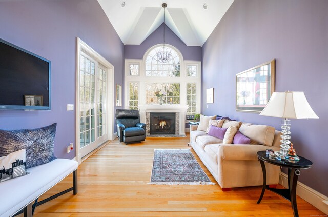 14 Dillman Ct, Ridgefield, CT 06877 - living area with wood finished floors, a lit fireplace, and high vaulted ceiling