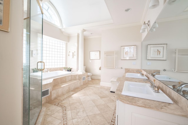 14 Dillman Ct, Ridgefield, CT 06877 - bathroom featuring ornamental molding, a bath, radiator, decorative columns, and a stall shower
