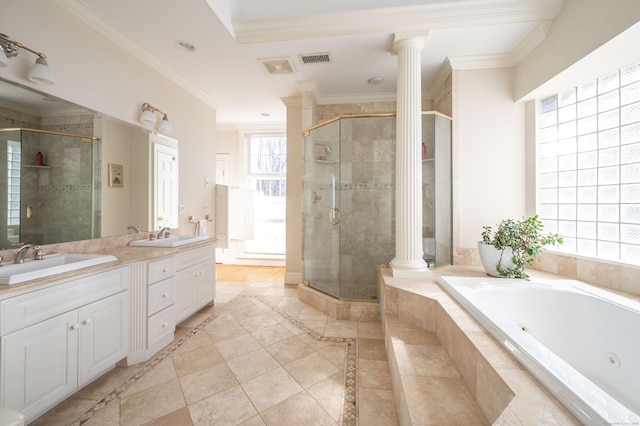 14 Dillman Ct, Ridgefield, CT 06877 - full bath featuring decorative columns, a tub with jets, a stall shower, crown molding, and recessed lighting