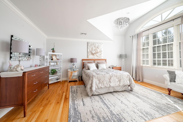 14 Dillman Ct, Ridgefield, CT 06877 - bedroom featuring a chandelier, light wood finished floors, ornamental molding, vaulted ceiling, and baseboards