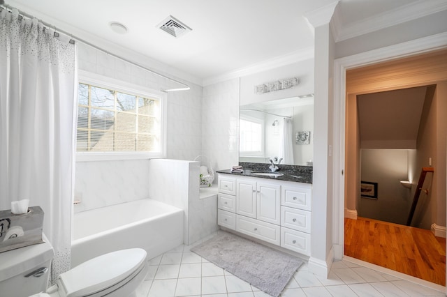 14 Dillman Ct, Ridgefield, CT 06877 - bathroom with toilet, ornamental molding, a bath, healthy amount of natural light, and tile patterned flooring