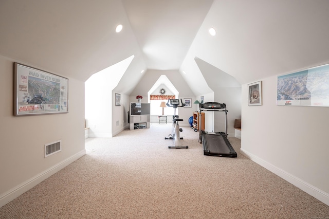 14 Dillman Ct, Ridgefield, CT 06877 - workout room with carpet flooring, lofted ceiling, baseboards, and recessed lighting