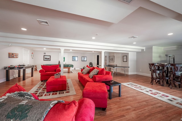 14 Dillman Ct, Ridgefield, CT 06877 - living room featuring wood finished floors, baseboards, crown molding, and recessed lighting