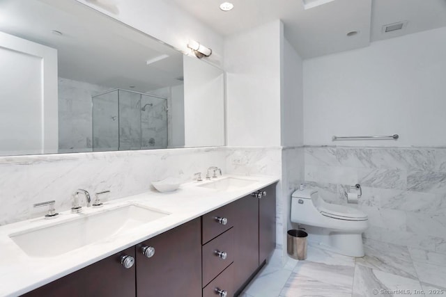 1 Broad St Unit 17C, Stamford, CT 06901 - full bath featuring tile walls, a shower stall, double vanity, toilet, and marble finish flooring