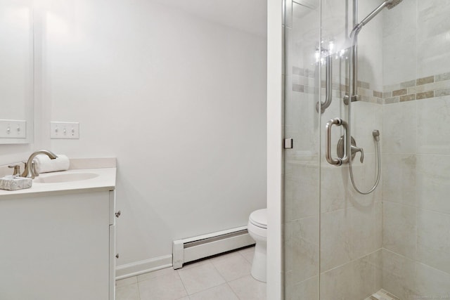 23 Poplar St, Norwalk, CT 06855 - bathroom featuring a baseboard radiator, vanity, a stall shower, tile patterned flooring, and toilet