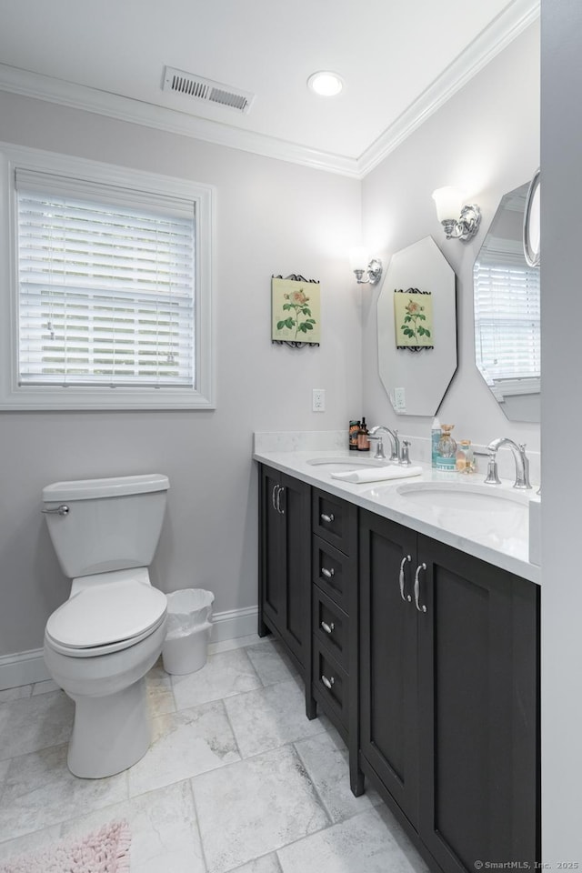 191 Pond View Dr, Watertown, CT 06795 - full bath with toilet, baseboards, crown molding, double vanity, and marble finish floors