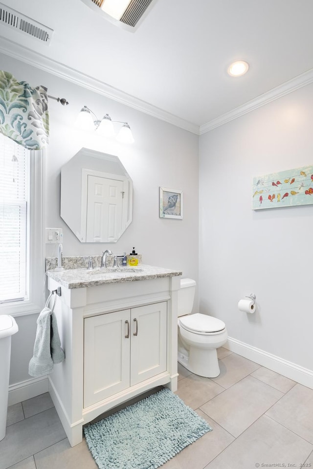 191 Pond View Dr, Watertown, CT 06795 - bathroom with ornamental molding, tile patterned floors, vanity, toilet, and baseboards