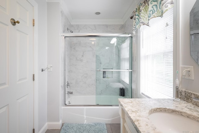 191 Pond View Dr, Watertown, CT 06795 - bathroom featuring vanity, shower / bath combination with glass door, crown molding, tile patterned flooring, and baseboards